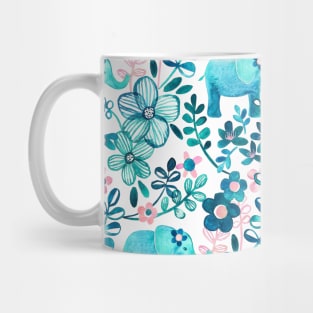 Dusty Pink, White and Teal Elephant and Floral Watercolor Pattern Mug